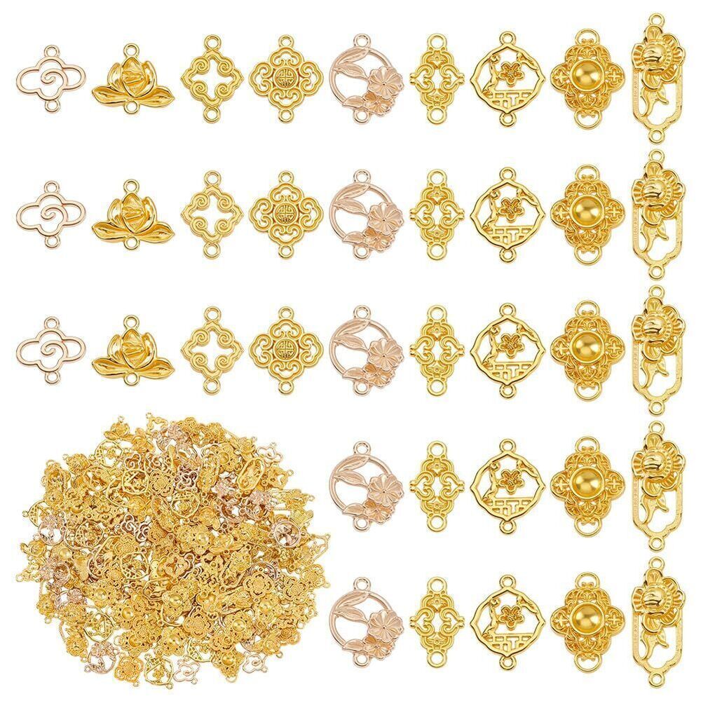 3215 180pcs 9 Styles Double Hole Pendant Connector, Gold Flower Connector